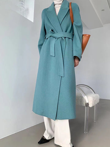 Airchics manteau en laine longue avec poches ceinture femme élégant bleu